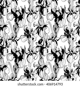 Vector illustration Floral flower iris  seamless hand drawn pattern. Black and white ink splatter grunge style.
