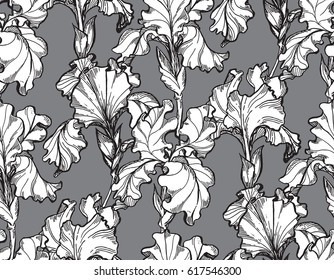 Vector illustration Floral flower iris seamless hand drawn pattern. 