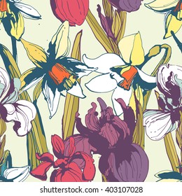 Vector illustration Floral flower narcissus iris seamless hand drawn pattern. Textured ink splatter grunge style background.