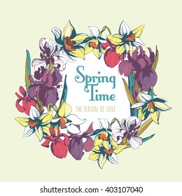 Vector illustration Floral flower narcissus iris hand drawn vintage frame for Spring Time The season of love Card. Textured ink splatter grunge style background.