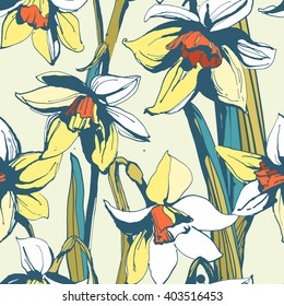 Vector illustration Floral flower narcissus seamless hand drawn pattern. Textured ink splatter grunge style background.