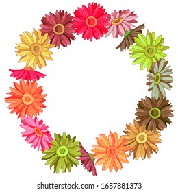 vector illustration, floral frame, background for greeting card and greetings, gerbera flowers in bright colors