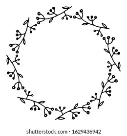 vector illustration of floral frame with berries. Rustic. Hand drawn simple line. Black stroke. Isolated on white background. Elegant and noble. Best for wedding design. Invitation. Copy space