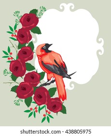 vector illustration of floral frame with bird