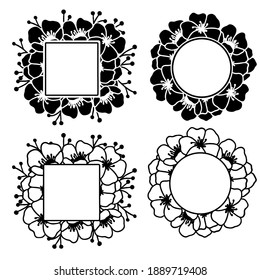 Ilustración vectorial, marco floral en negro, plantilla para postales, aislamiento sobre fondo blanco