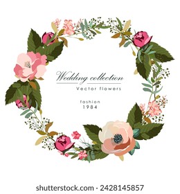 Vector illustration. Floral frame, circle, leaves and flowers. Design element, white background, isolated background.