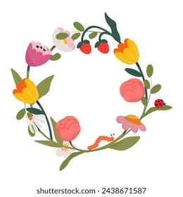 Vector illustration. Floral frame, circle, floral arrangement. Design element, white background, isolated vector.