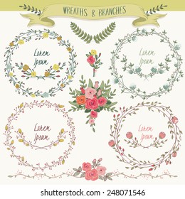 Vector illustration of a floral frame collection. A set of beautiful wreaths with flowers and branches for wedding invitations and birthday cards