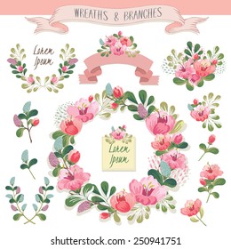 Vector illustration of a floral frame collection. A set of beautiful wreath with flowers and branches for wedding invitations and birthday cards