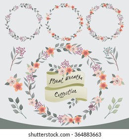 Ilustración vectorial de una colección de marcos florales. Un conjunto de hermosas flores y ramas para invitaciones de boda y tarjetas de cumpleaños
