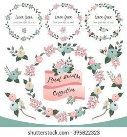 Vector illustration of a floral frame collection. A set of beautiful wreaths with flowers and branches for wedding invitations and birthday cards