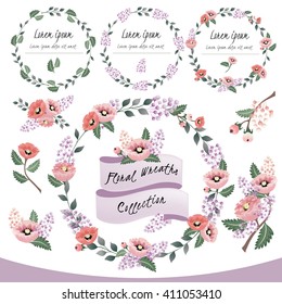 Vector illustration of a floral frame collection. A set of beautiful wreaths with flowers and branches for wedding invitations and birthday cards