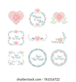 Vector illustration of a floral frame collection. A set of beautiful wreaths with flowers and branches for wedding invitations and birthday cards