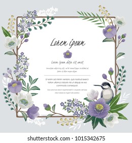   Ilustración vectorial. Un marco floral con un pájaro lindo en primavera para Bodas, aniversario, cumpleaños y fiesta. Diseño para banner, afiche, tarjeta, invitación y libro de texto 
