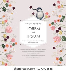  Vector illustration a floral frame with a cute bird in spring for Wedding, anniversary, birthday and party. Design for banner, poster, card, invitation and scrapbook 