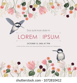  Vector illustration a floral frame with a cute bird in spring for Wedding, anniversary, birthday and party. Design for banner, poster, card, invitation and scrapbook