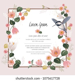  Vector illustration a floral frame with a cute bird in spring for Wedding, anniversary, birthday and party. Design for banner, poster, card, invitation and scrapbook 