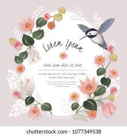  Dibujo vectorial un marco floral con un pájaro lindo en primavera para Bodas, Aniversario, cumpleaños y fiesta. Diseño para banner, afiche, tarjeta, invitación y libro de texto 
