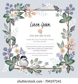  Vector illustration. A floral frame with a cute bird in spring for Wedding, anniversary, birthday and party. Design for banner, poster, card, invitation and scrapbook 