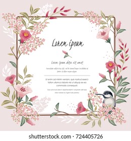  Vector illustration. A floral frame with a cute bird in spring for Wedding, anniversary, birthday and party. Design for banner, poster, card, invitation and scrapbook 