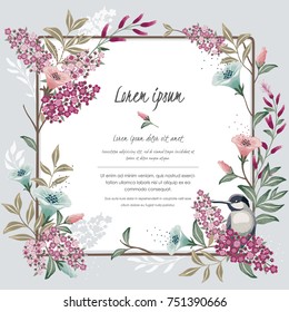  Vector illustration. A floral frame with a cute bird in spring for Wedding, anniversary, birthday and party. Design for banner, poster, card, invitation and scrapbook 