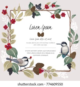  Vector illustration. A floral frame with a cute bird in winter for Wedding, anniversary, birthday and party. Design for banner, poster, card, invitation and scrapbook 