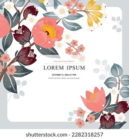 Vector illustration of a floral frame decorated with April flowers.  	