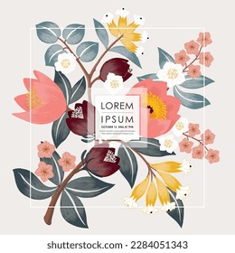 Vector illustration of a floral frame decorated with April flowers.  	