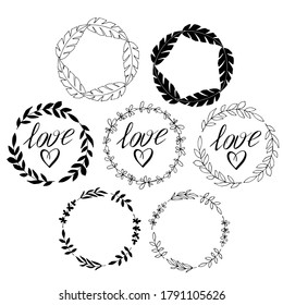 vector illustration, floral frame in doodle style in black, isolate on a white background