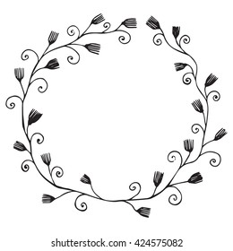 Vector illustration floral frame with leaves and place for text. Circle template with flower can be used to design for T-shirt, greeting card, poster, wedding or party  invitation.