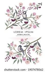 Vector illustration of a floral frame with little birds on branch in spring. Design for cards, party invitation, Print, Frame Clip Art and Business Advertisement and Promotion 