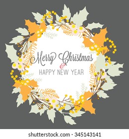 Vector illustration of floral Frame. Merry christmas and happy new year.