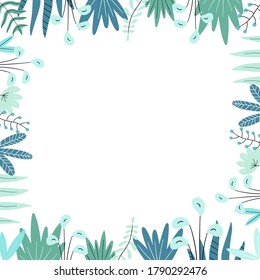 Vector illustration of floral frame on white background. Drawn by hand plants elements in doodle style. Postcard decorative design.