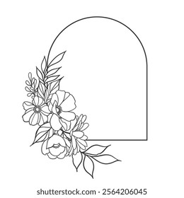 Vector illustration of a floral frame with outline in the shape of an arch with a floral arrangement on the left side.  Suitable for invitations, greeting cards, logos and elegant decorative solution.