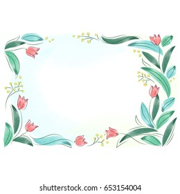 Vector illustration of  floral frame with pink spring flowers. Tulips posy border isolated.