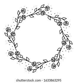 vector illustration of floral frame with roses. Rustic. Hand drawn simple line. Black stroke. Isolated on white background. Elegant and noble. Best for wedding design. Invitation. Copy space