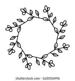 vector illustration of floral frame. Rustic. Hand drawn simple line. Black stroke. Isolated on white background. Elegant and noble. Best for wedding design. Invitation. Copy space