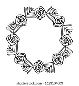 vector illustration of floral frame. Rustic. Hand drawn simple line. Black stroke. Isolated on white background. Elegant and noble. Best for wedding design. Invitation. Copy space