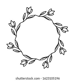 vector illustration of floral frame. Rustic. Hand drawn simple line. Black stroke. Isolated on white background. Elegant and noble. Best for wedding design. Invitation. Copy space