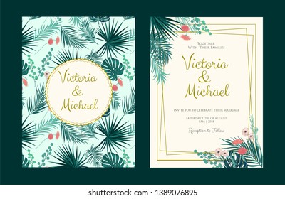 Vector illustration of a floral frame set with tropical leaves for Wedding, anniversary, birthday and party.