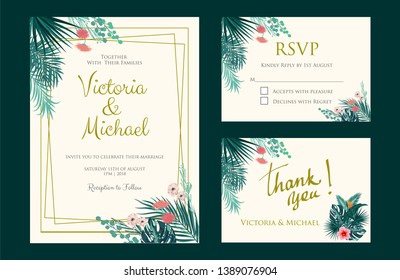 Vector illustration of a floral frame set with tropical leaves for Wedding, anniversary, birthday and party.