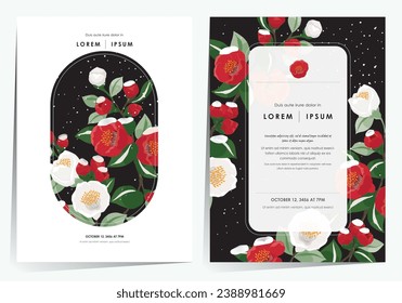 Vector Illustration of Floral Frame Set with Snowfall on Fully Bloomed Camellia Branches 	