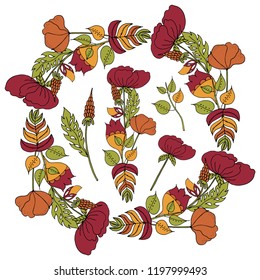 Vector illustration of a floral frame in the shape of a circle made of floral elements, leaves, buds, flowers