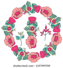 Vector illustration of a floral frame in the shape of a circle made of floral elements, leaves, buds, flowers