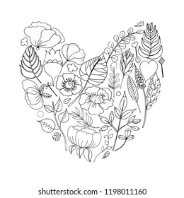 Vector illustration of a floral frame in the shape of a heart from floral elements, leaves, buds, flowers