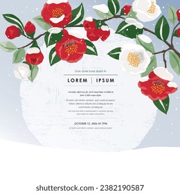 Vector Illustration of Floral Frame with Snowfall on Fully Bloomed Camellia Branches 