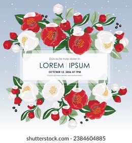 Vector Illustration of Floral Frame with Snowfall on Fully Bloomed Camellia Branches 