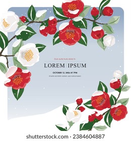 Vector Illustration of Floral Frame with Snowfall on Fully Bloomed Camellia Branches 