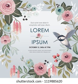  Vector illustration of a floral frame in spring for Wedding, anniversary, birthday and party. Design for banner, poster, card, invitation and scrapbook 	