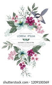  Ilustración vectorial de un marco floral en primavera para matrimonio, aniversario, cumpleaños y fiesta. Diseño para banner, afiche, tarjeta, invitación y libro de texto 